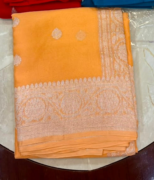 Peach Orangish and Silver Pure Handwoven Khaddi Banarasi Chiffon Georgette Saree