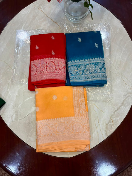 Deep Teal Blue and Silver Pure Handwoven Khaddi Banarasi Chiffon Georgette Saree
