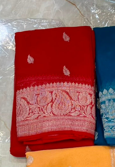Pure Handwoven Red Khaddi Georgette Chiffon Saree