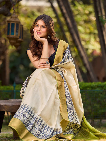 Off-White Handwoven Pure Tussar Silk Block Printed Saree with Traditional Green and Gold Zari Detailing