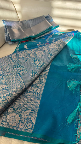 PEACOCK BLUE FLORAL SILK SAREE with SILVER ZARI BORDER