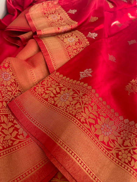 Red Dual Tone Gold and Silver Soft Silk Saree