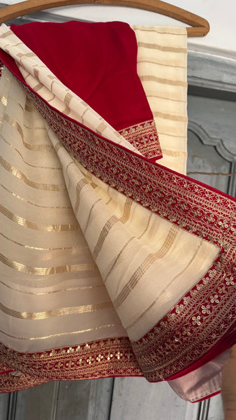 White and Red Georgette Chiffon Zardosi Saree