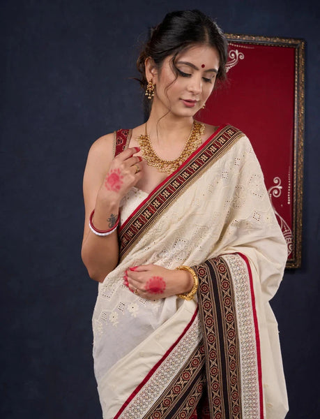Hakoba & Ajrakh Combination Saree with Lace Border