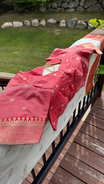 Off White and Red Soft Silk Saree with Readmade Blouse