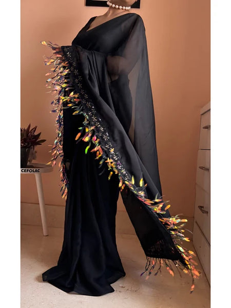 Midnight Black Fringe Dazzle Saree