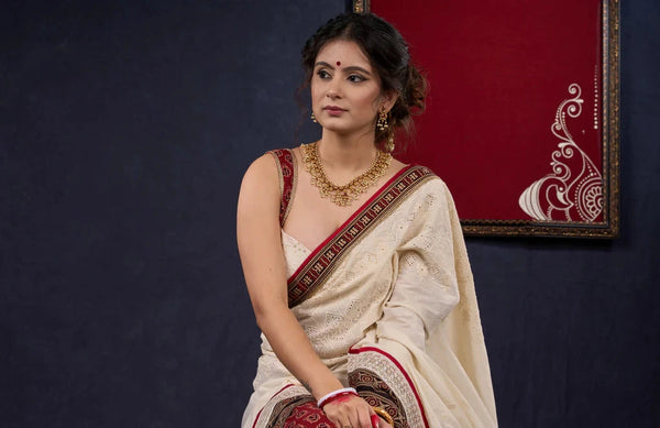 Hakoba & Ajrakh Combination Saree with Lace Border