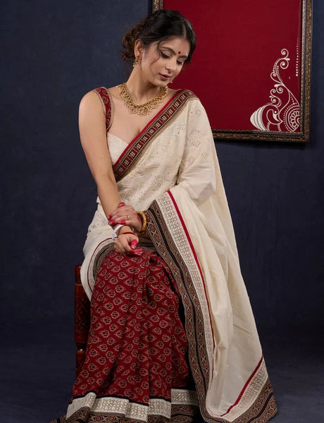 Hakoba & Ajrakh Combination Saree with Lace Border