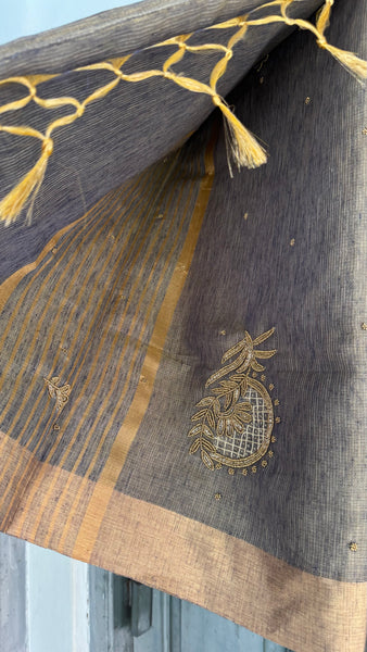 Dual Tone Grey Silver Gold Tone Tissue Linen Saree