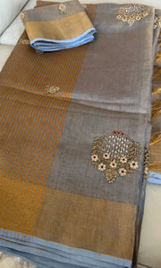 Dual Tone Grey Silver Gold Tone Tissue Linen Saree