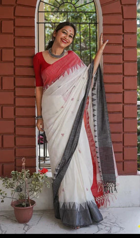 PURE HANDLOOM LINEN JAMDANI SAREE WITH TEMPLE BORDER