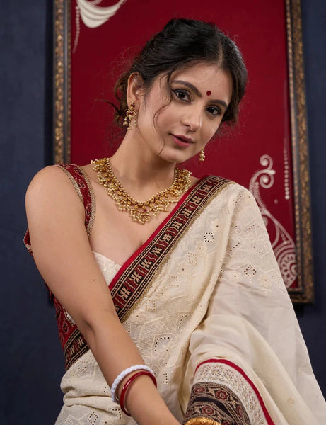 Hakoba & Ajrakh Combination Saree with Lace Border