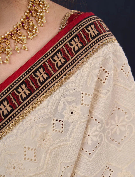Hakoba & Ajrakh Combination Saree with Lace Border