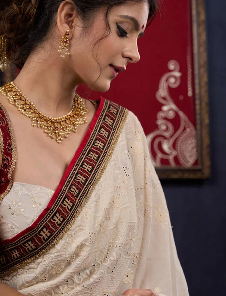 Hakoba & Ajrakh Combination Saree with Lace Border