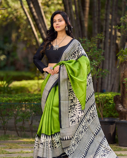 Handloom Green Pure Silk Block Printed Saree with Black & White Warli Motifs