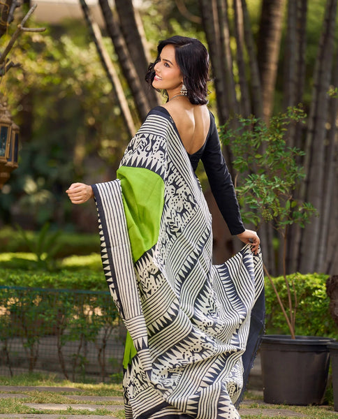 Handloom Green Pure Silk Block Printed Saree with Black & White Warli Motifs