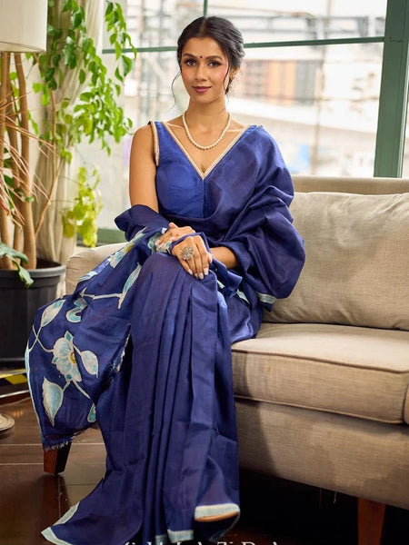 Navy Pure Silk Saree with Painted Floral Pallu & Light Blue Trim