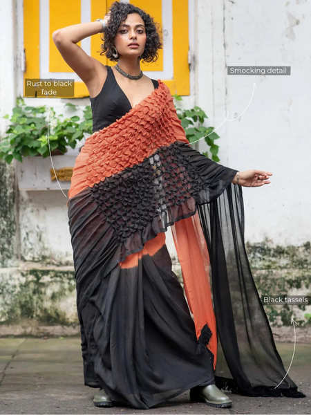 Rust and Black Ombre Mul Mul Cotton Saree with Hand Knots and Color Contrast