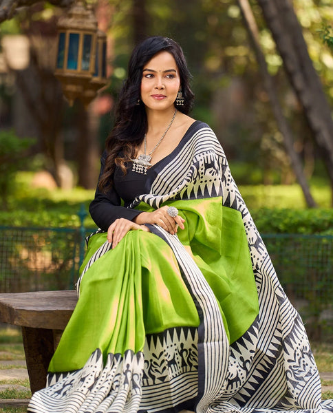 Handloom Green Pure Silk Block Printed Saree with Black & White Warli Motifs