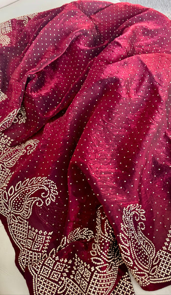 Deep Maroon Silk Crepe All-Over Stone Embellished Saree