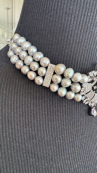 Natural Freshwater Gray Real Pearl Set with CZ and Pinkish Lavender Stone