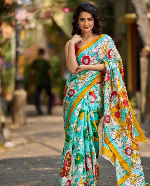 Aqua Blue Tussar Silk Saree with Statement Kalamkari Print