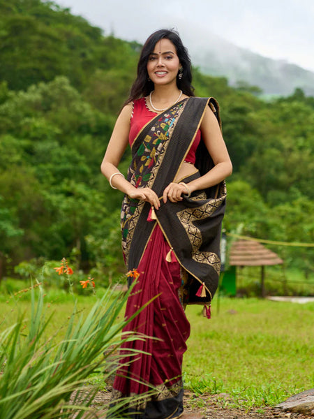 Maroon & Black combination saree with hand painted Kalamkari Pallu and golden borders
