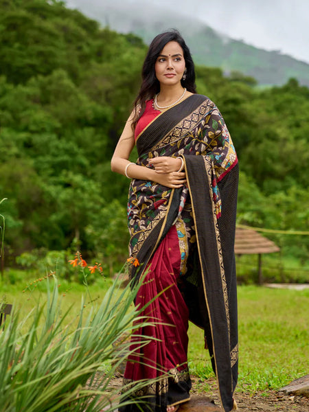 Maroon & Black combination saree with hand painted Kalamkari Pallu and golden borders