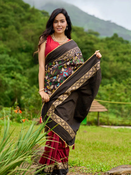 Maroon & Black combination saree with hand painted Kalamkari Pallu and golden borders