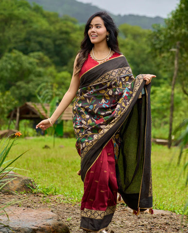 Maroon & Black combination saree with hand painted Kalamkari Pallu and golden borders