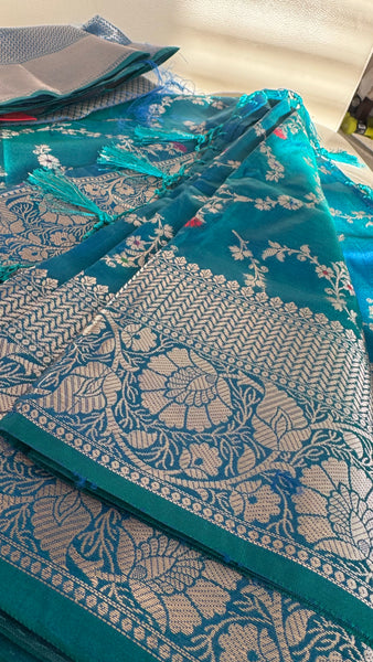 PEACOCK BLUE FLORAL SILK SAREE with SILVER ZARI BORDER