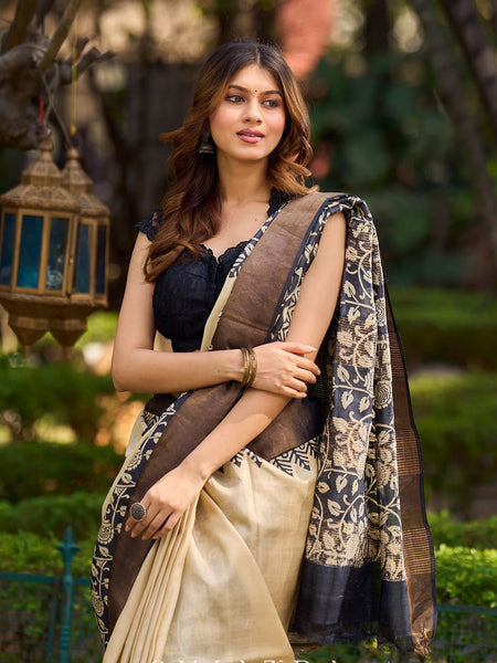 Ivory and Charcoal Pure Tussar Silk Saree With Kalamkari Inspiration Featuring Leaf Motifs and a Refined Jari Border