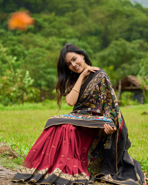 Maroon & Black combination saree with hand painted Kalamkari Pallu and golden borders