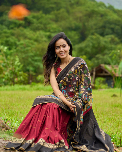 Maroon & Black combination saree with hand painted Kalamkari Pallu and golden borders