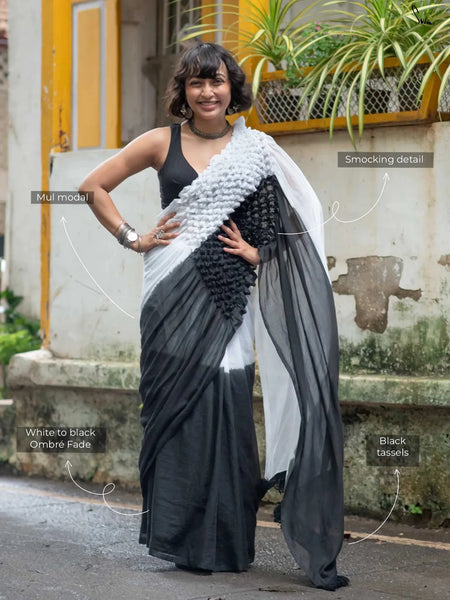 Black and White Mul Mul Cotton Saree with Hand Knots and Color Contrast