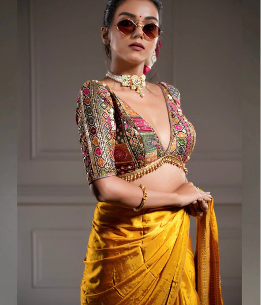Yellow Gold Georgette Embroidered Blouse with Saree