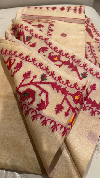 Red Handwoven Pure Tussar Silk Jamdani Saree