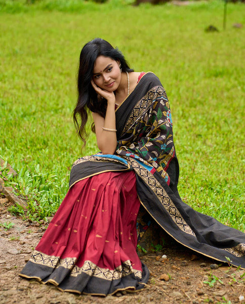 Maroon & Black combination saree with hand painted Kalamkari Pallu and golden borders