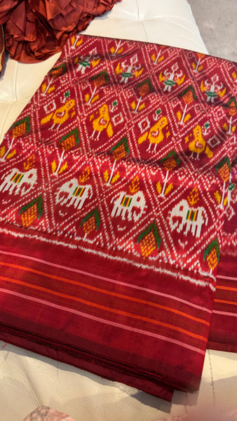 Pure Ikkat Double Weaving Silk Maroon and Multicolor Saree