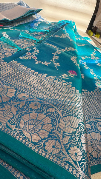 PEACOCK BLUE FLORAL SILK SAREE with SILVER ZARI BORDER