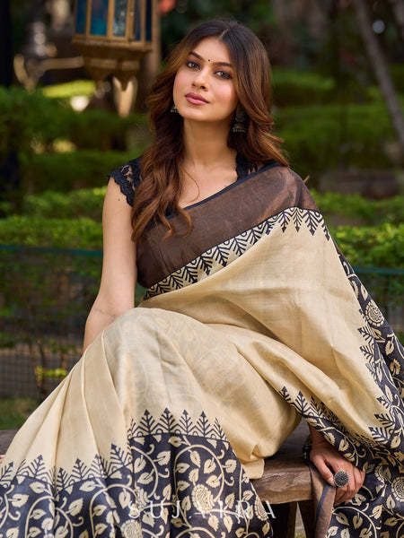 Ivory and Charcoal Pure Tussar Silk Saree With Kalamkari Inspiration Featuring Leaf Motifs and a Refined Jari Border