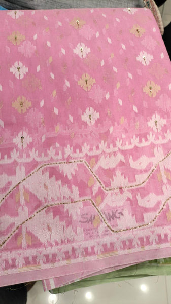 Pink Jamdani Saree: Soft Cotton Muslin, Handloom Woven with Cutdana work