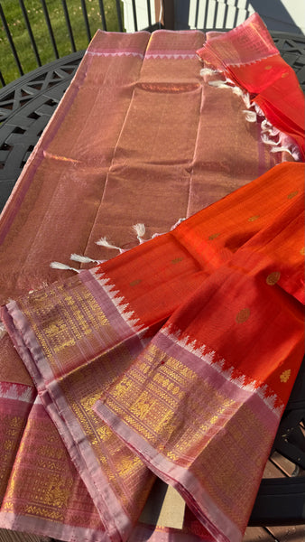 Rust Orange and Baby Pink Pure Silk Handloom Gadwal Saree