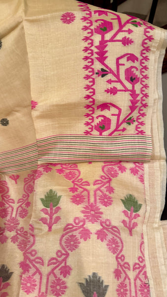 Pink Handwoven Pure Tussar Silk Jamdani Saree