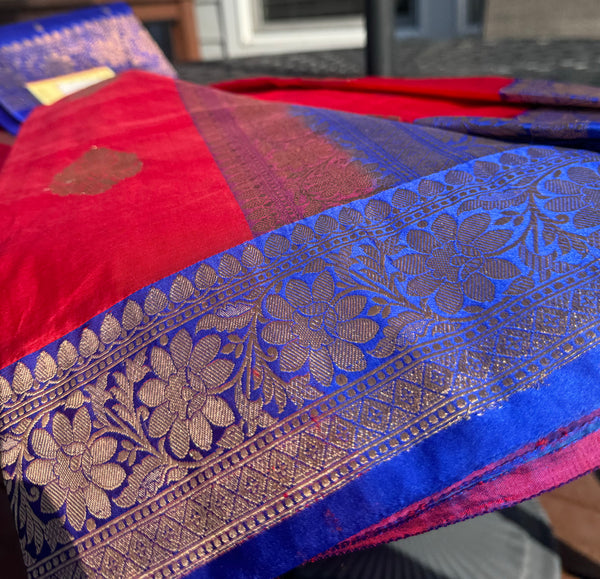Tomato Red Soft Banarasi Pattu Katan Silk Saree with Zari weaves with Deep Navy Blue Border
