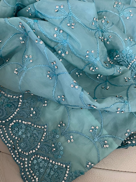 Teal Sky Blue Georgette Silk Saree with Crystals