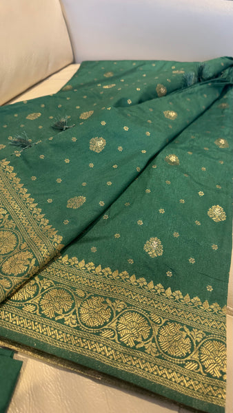 Green and Gold Pure Tussar Crepe Silk Saree
