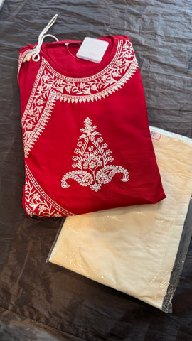 Red and White Pure Raw Silk Embroidered Bengali Punjabi