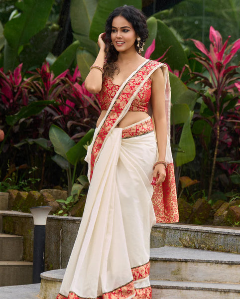 Ivory elegance with royal Red Banarasi border