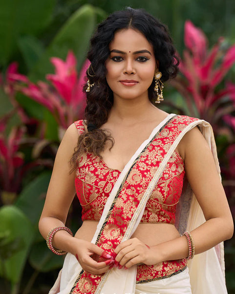 Ivory elegance with royal Red Banarasi border